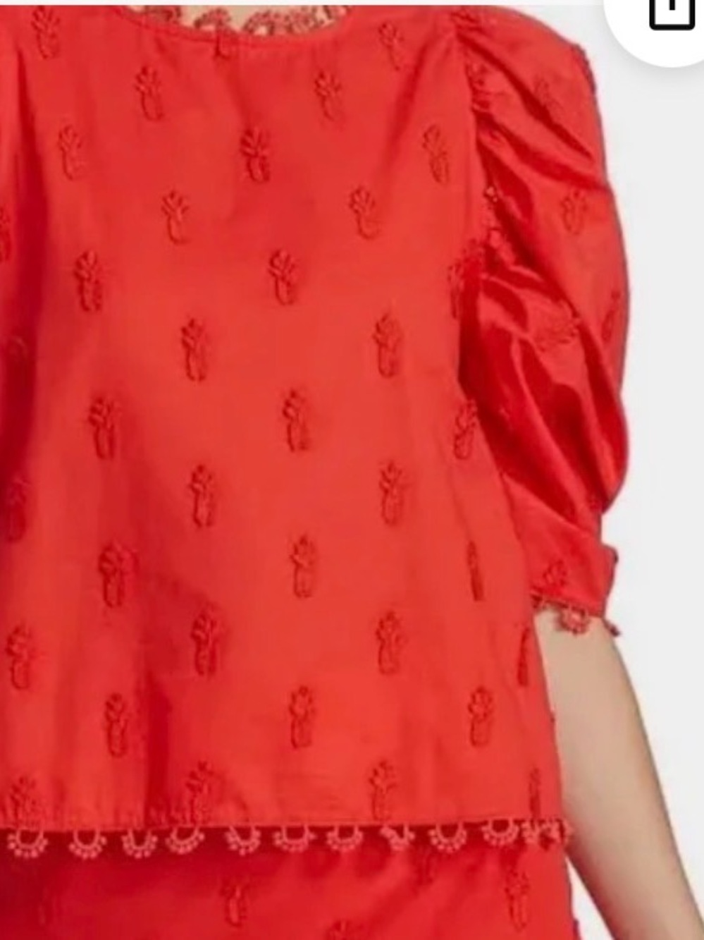 FARM Rio Red 3D Pineapple Embroidered Puff-Sleeve Blouse
